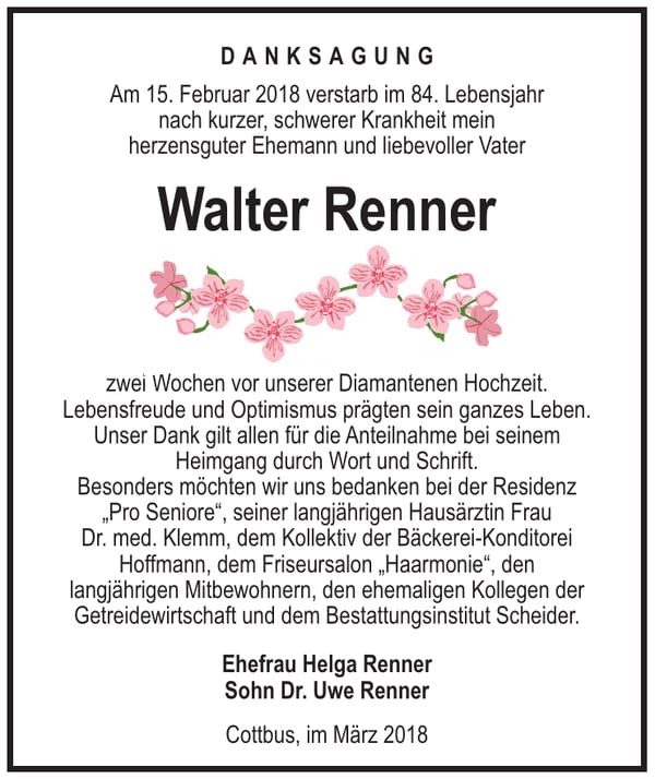 Danksagung Walter Renner