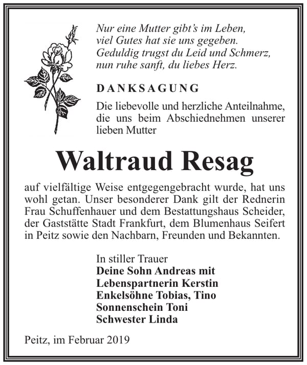 Traueranzeige Waltraud Resag