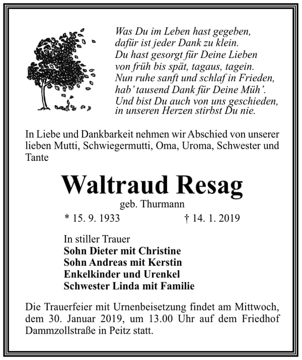 Traueranzeige Waltraud Resag, geb. Thurmann