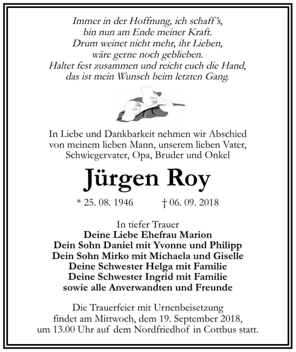 Traueranzeige Jürgen Roy