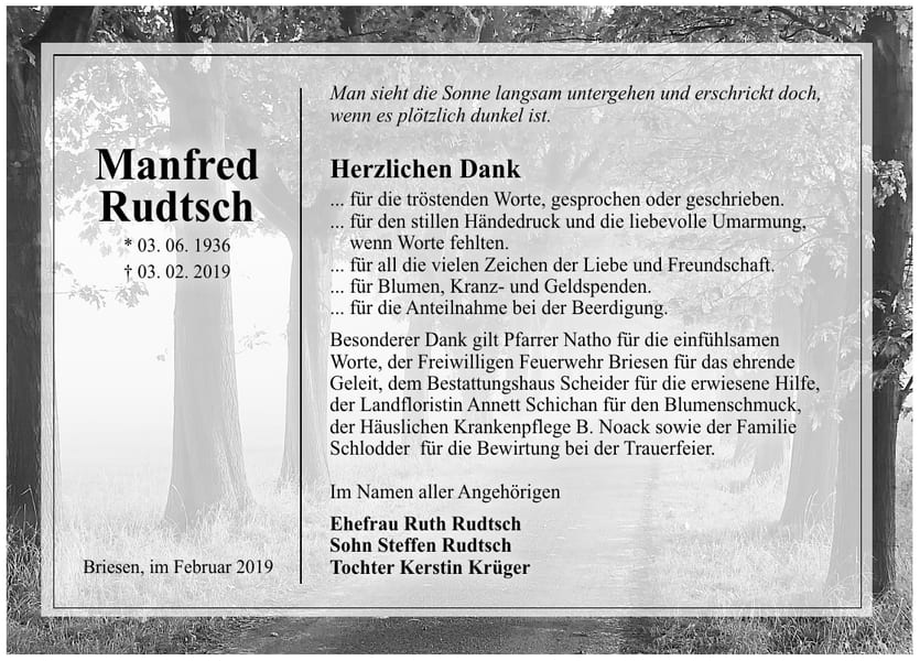 Traueranzeige Manfred Rudtsch