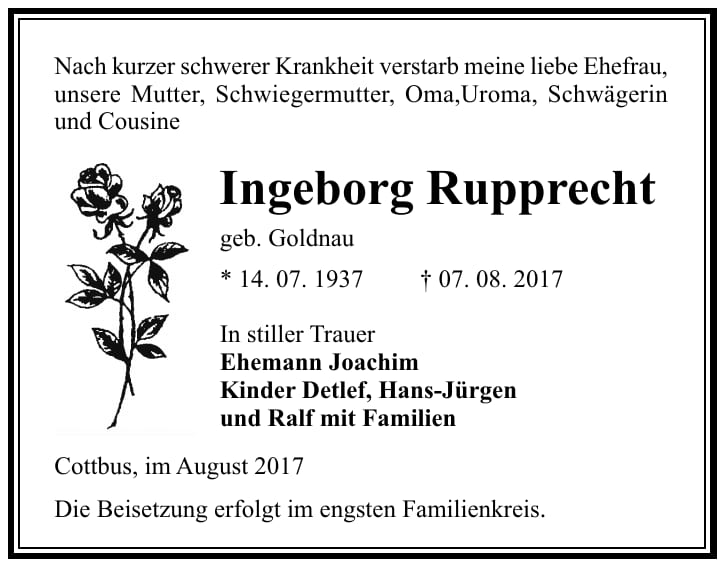 Traueranzeige Ingeborg Rupprecht, geb. Goldnau