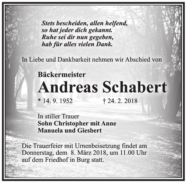 Traueranzeige Andreas Schabert