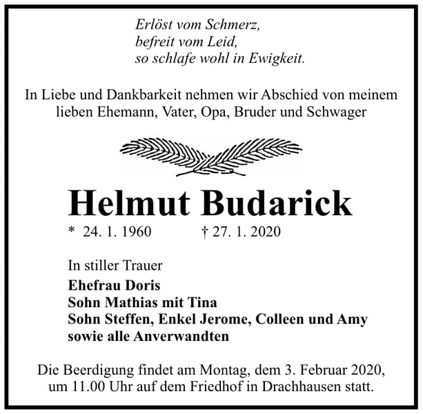 Traueranzeige Helmut Budarick