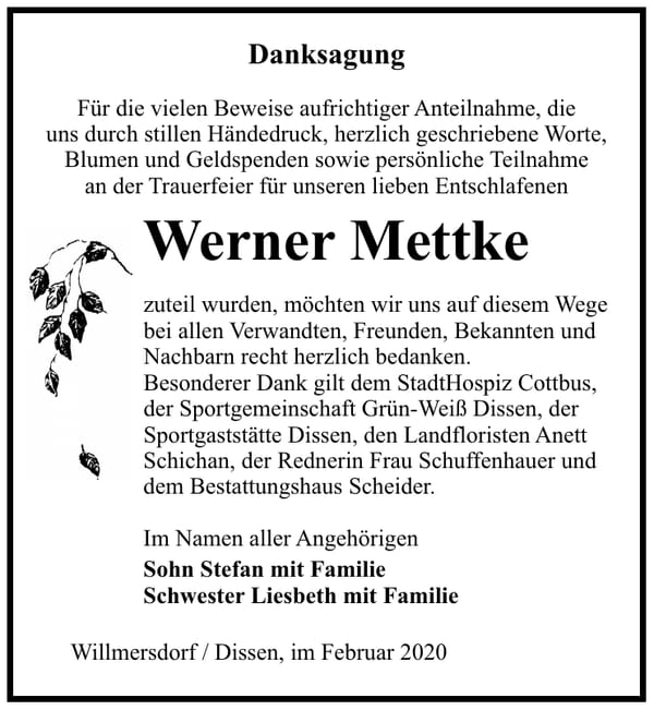 Traueranzeige Werner Mettke