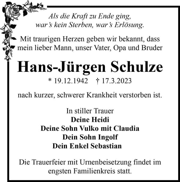 Traueranzeige Hans-Jürgen Schulze