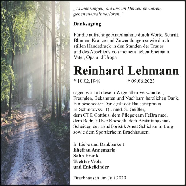 Traueranzeige Reinhard Lehmann