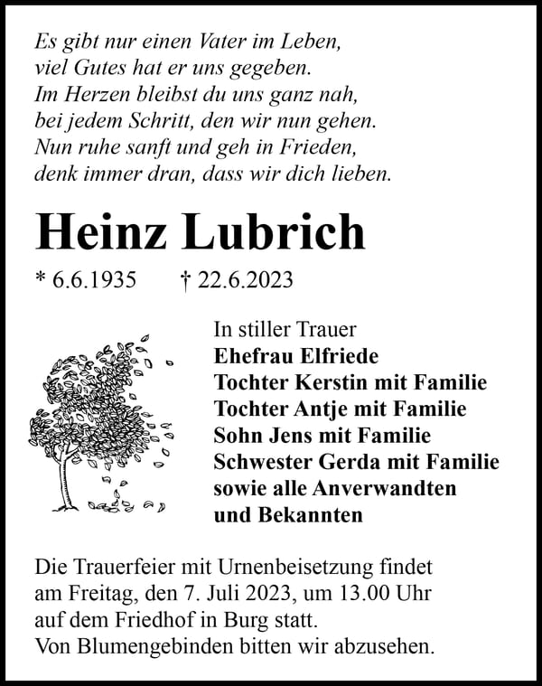 Traueranzeige Heinz Lubrich