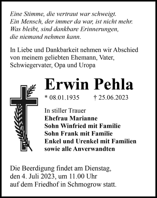 Traueranzeige Erwin Pehla