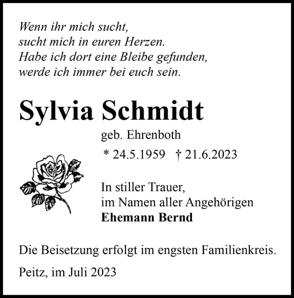 Traueranzeige Sylvia Schmidt, geb. Ehrenboth