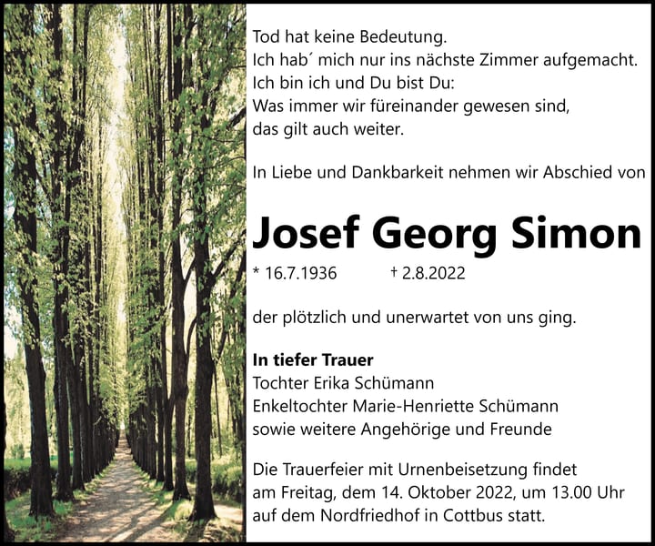 Traueranzeige Josef Georg Simon