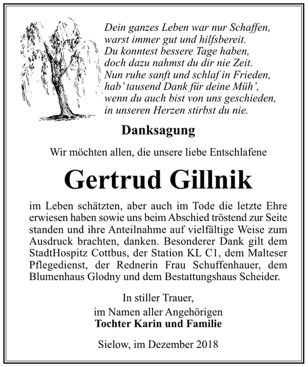Danksagung Gertrud Gillnik