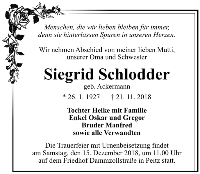 Traueranzeige Siegrid Schlodder geb. Ackermann