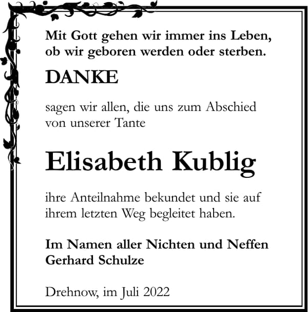 Traueranzeige Elisabeth Kublig