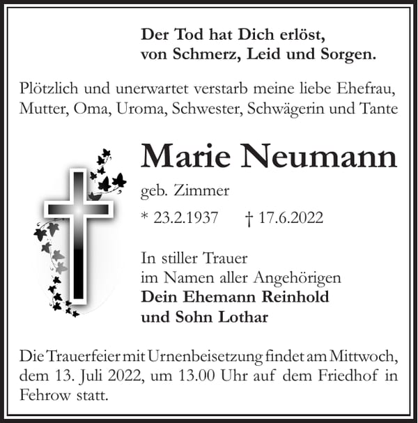 Traueranzeige Marie Neumann, geb. Zimmer