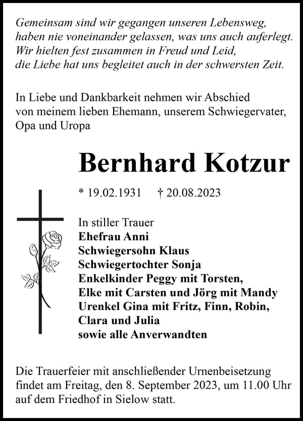 Traueranzeige Bernhard Kotzur