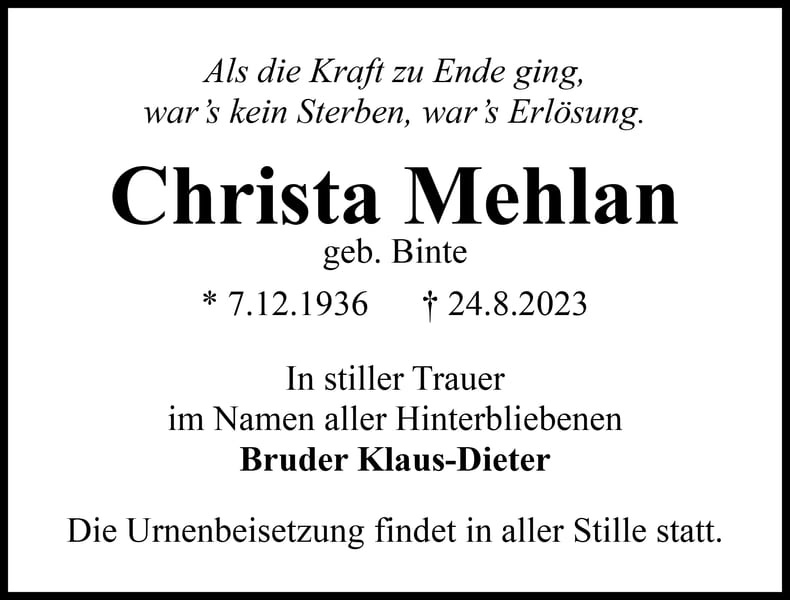Traueranzeige Christa Mehlan, geb. Binte