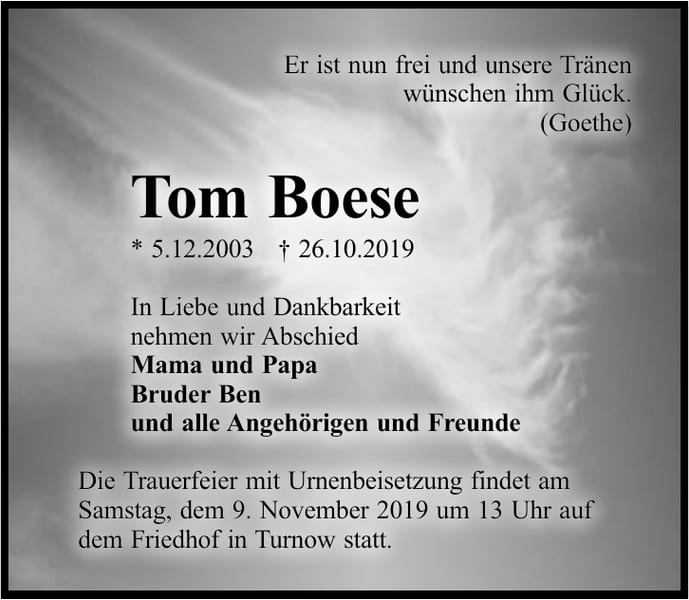 Traueranzeige Tom Boese