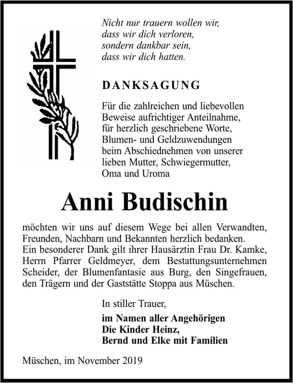 Danksagung Anni Budischin