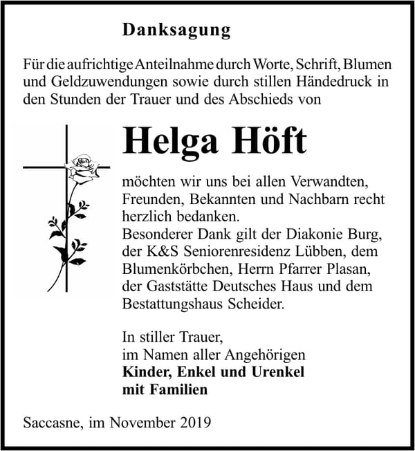 Danksagung Helga Höft