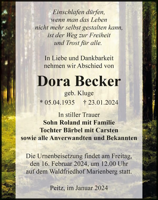 Traueranzeige Dora Becker, geb. Kluge