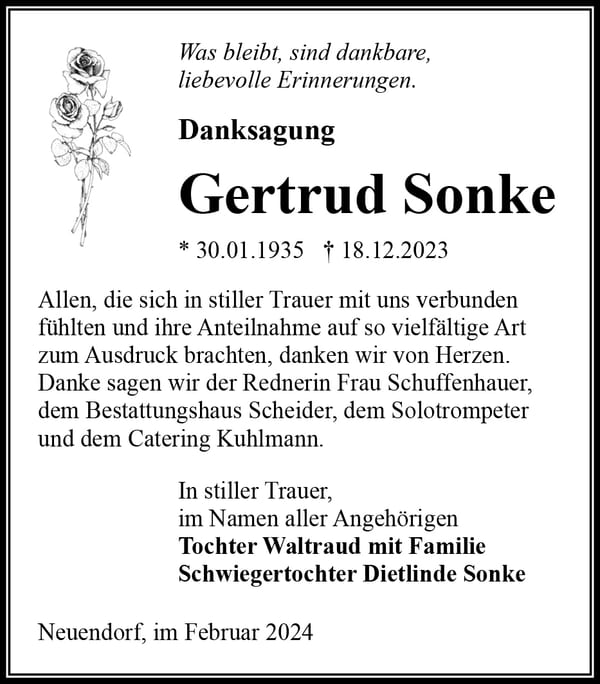 Danksagung Gertrud Sonke