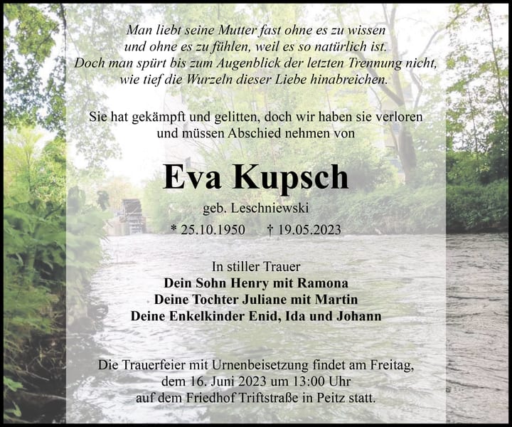 Traueranzeige Eva Kupsch, geb. Leschniewski