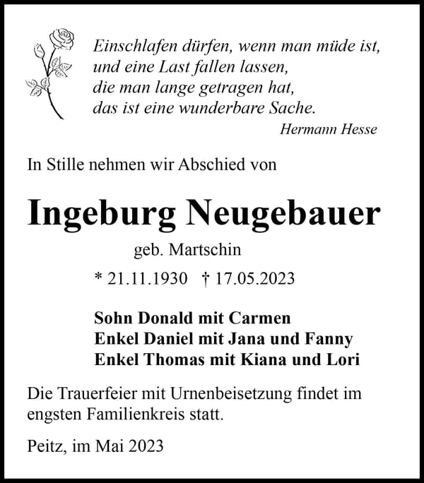 Traueranzeige Ingeburg Neugebauer, geb. Martschin