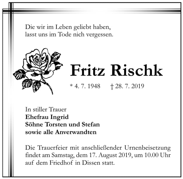 Traueranzeige Fritz Rischk
