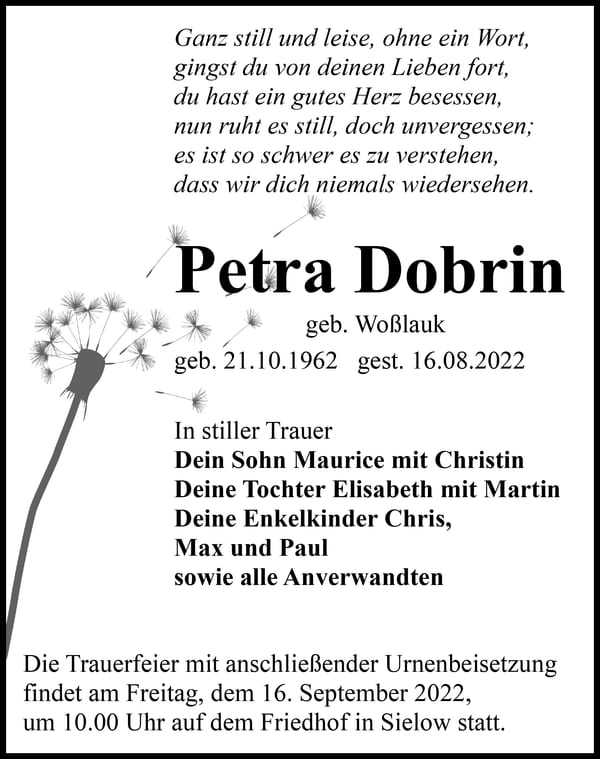 Traueranzeige Petra Dobrin, geb. Woßlauk