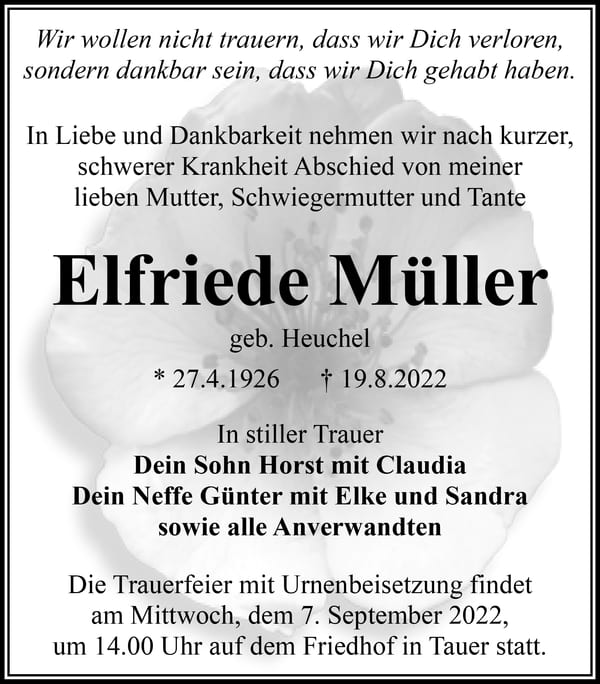 Traueranzeige Elfriede Müller, geb. Heuchel