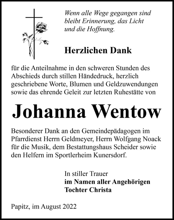 Danksagung Johanna Wentow