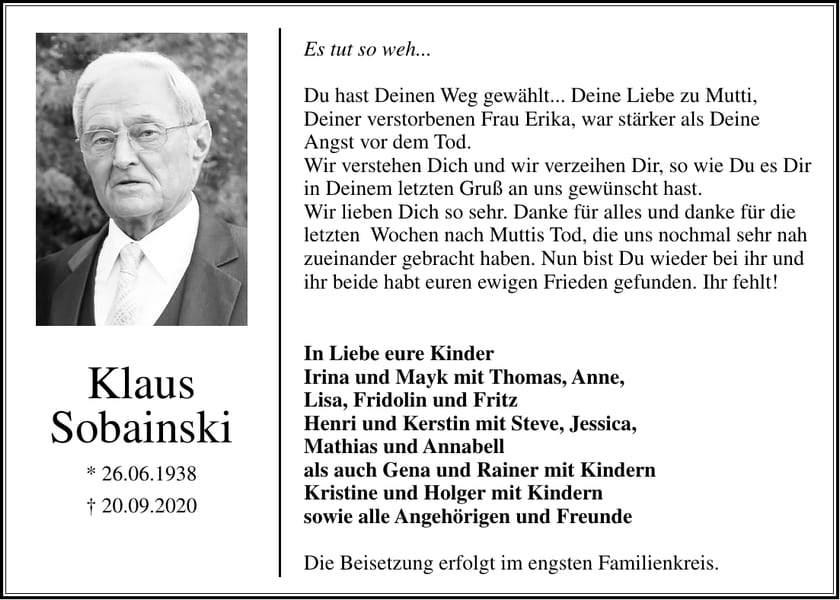 Traueranzeige Klaus Sobainski