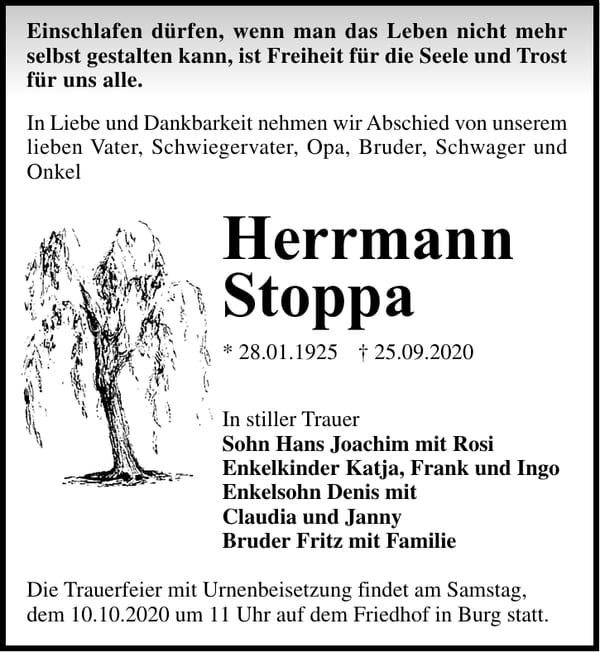 Traueranzeige Herrmann Stoppa