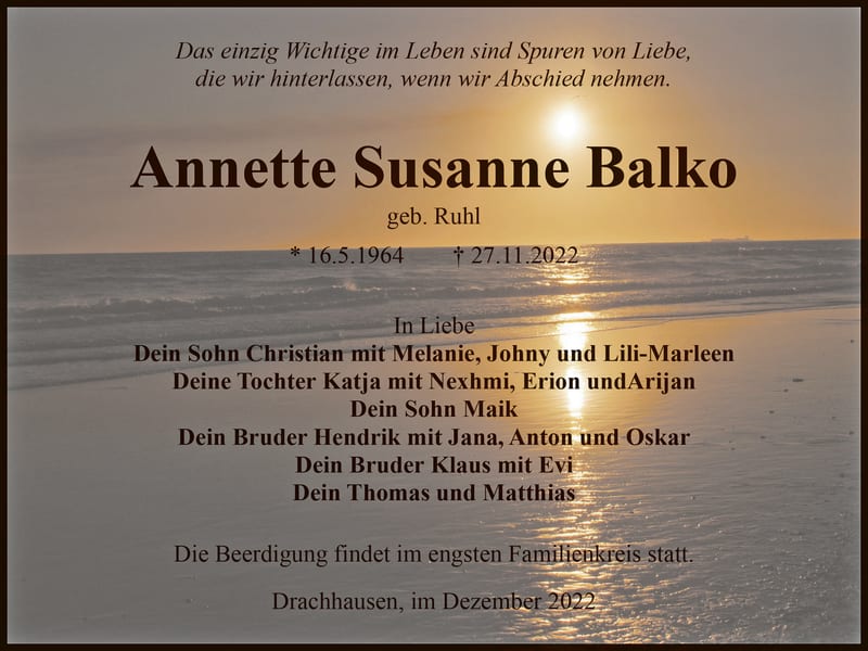 Traueranzeige Annette Susanne Balko, geb. Ruhl