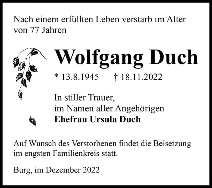 Traueranzeige Wolfgang Duch