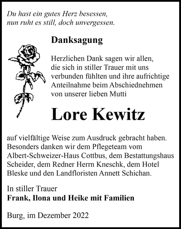 Danksagung Lore Kewitz