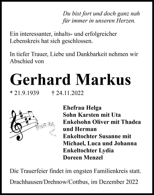 Traueranzeige Gerhard Markus