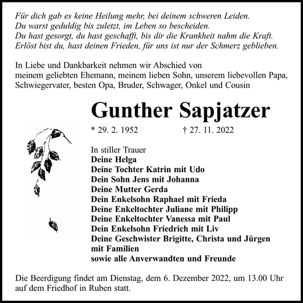 Traueranzeige Gunther Sapjatzer