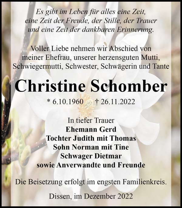 Traueranzeige Christine Schomber