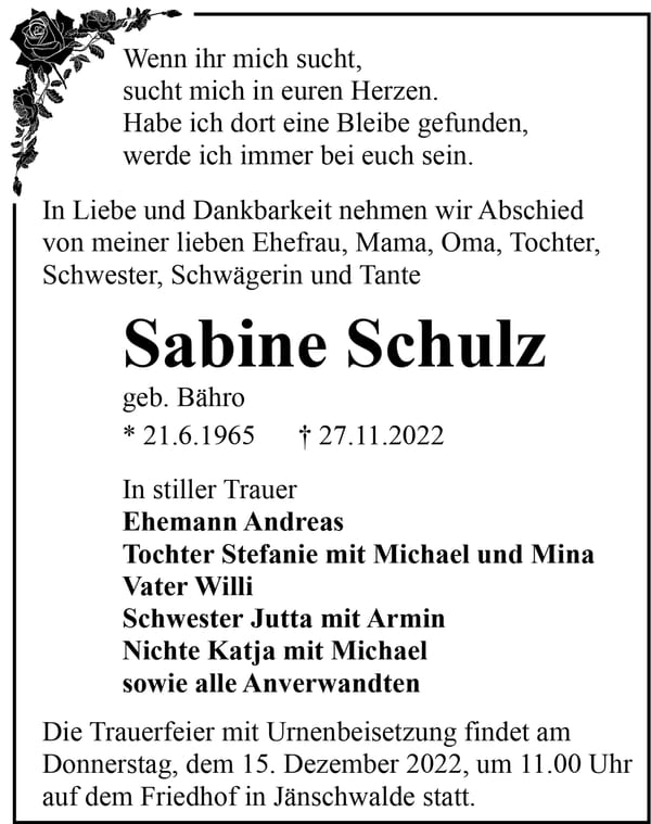 Traueranzeige Sabine Schulz, geb. Bähro