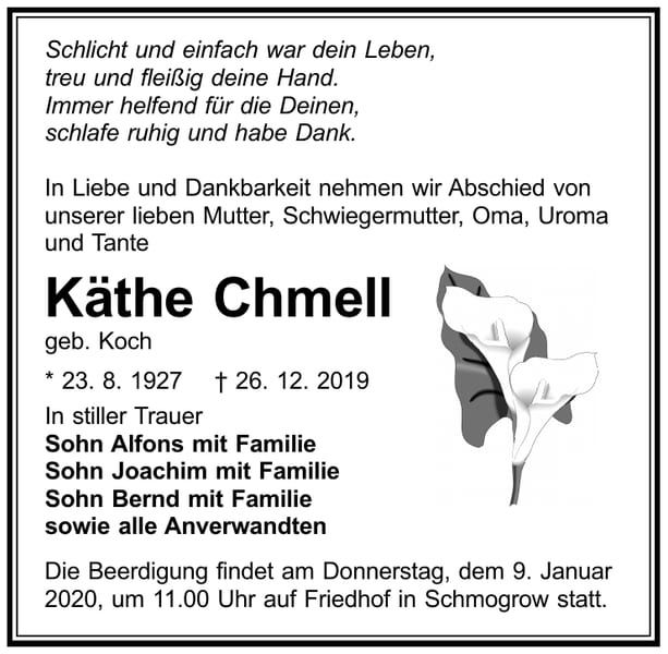 Traueranzeige Käthe Chmell, geb. Koch