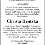 Danksagung Christa Hentzka
