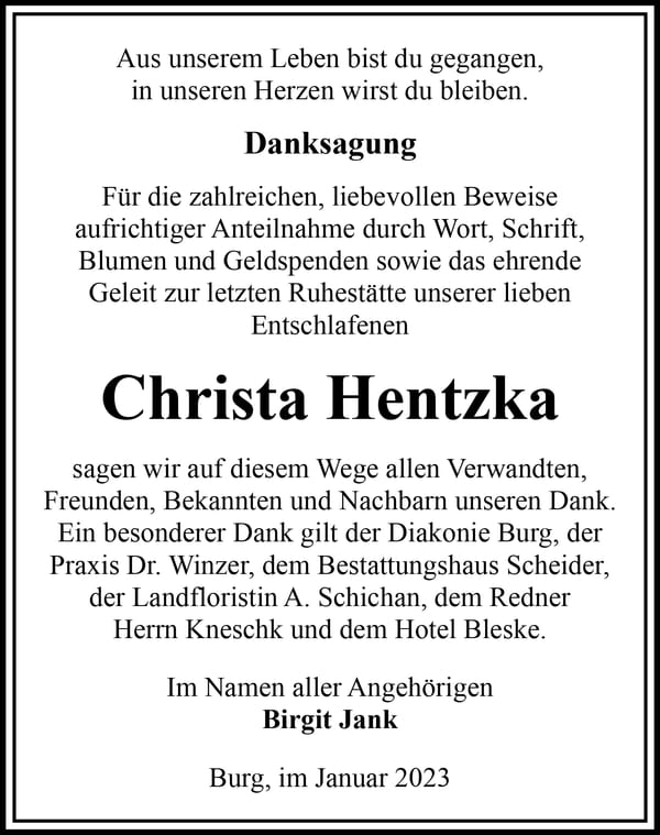 Danksagung Christa Hentzka