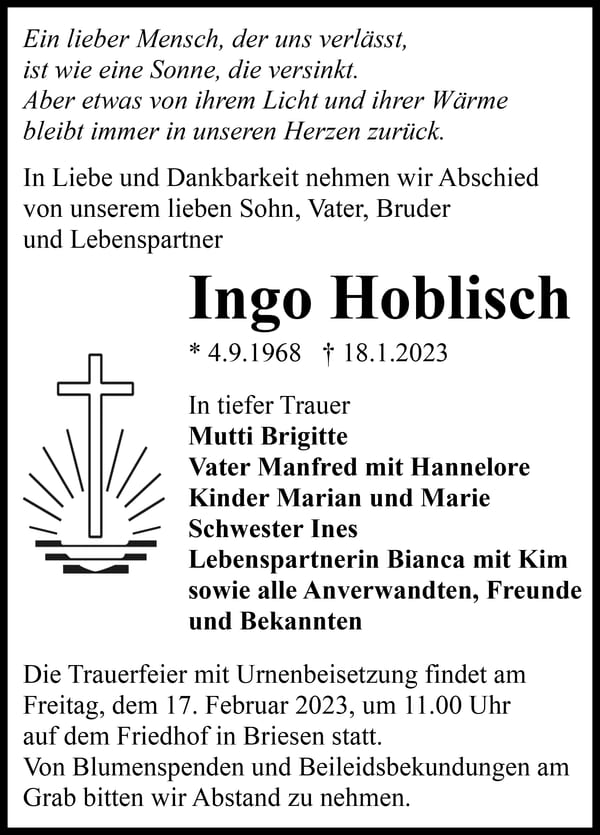 Traueranzeige Ingo Hoblisch