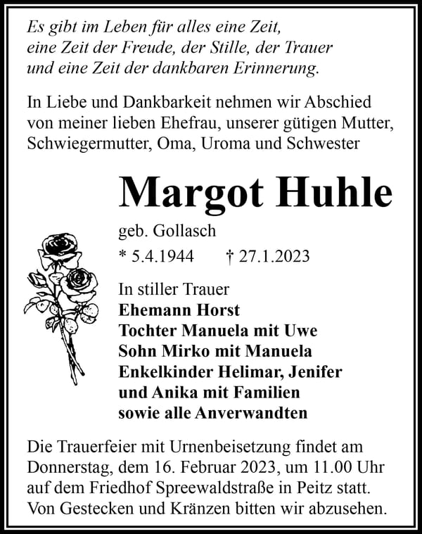 Traueranzeige Margot Huhle, geb. Gollasch