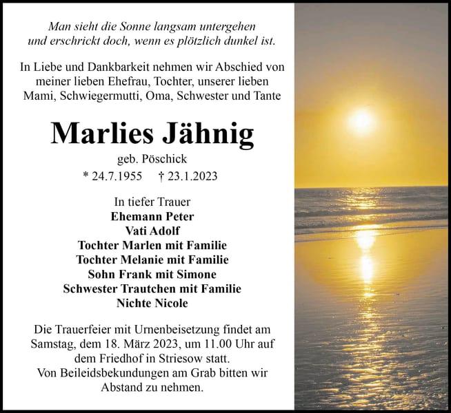 Traueranzeige Marlies Jähnig, geb. Pöschick