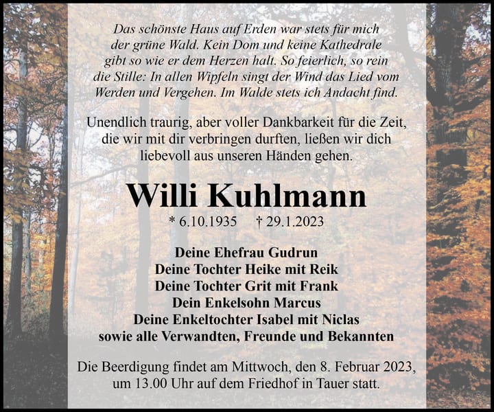 Traueranzeige Willi Kuhlmann