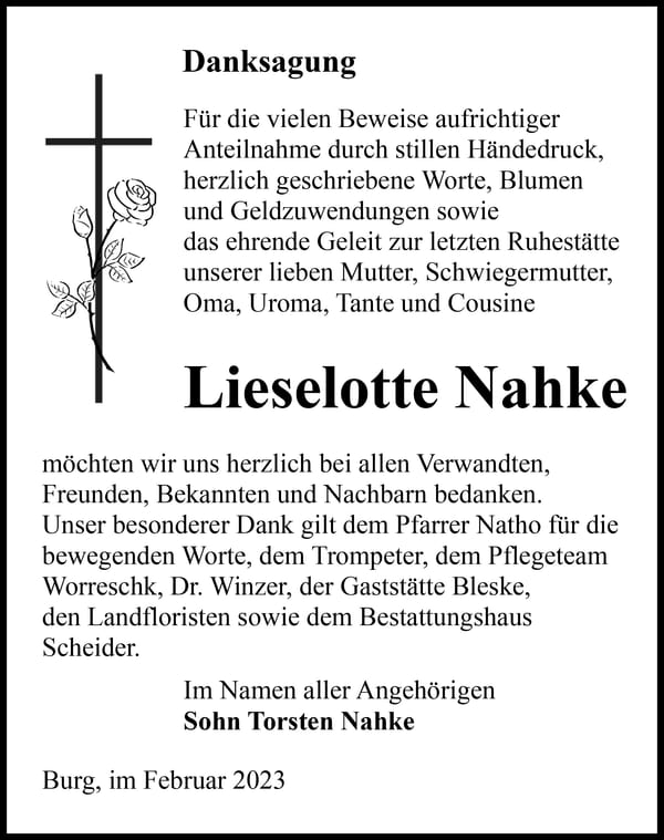 Traueranzeige Lieselotte Nahke