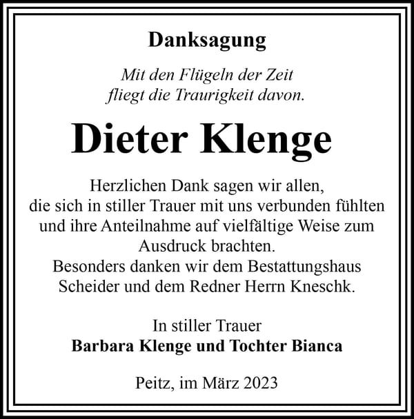 Danksagung Dieter Klenge